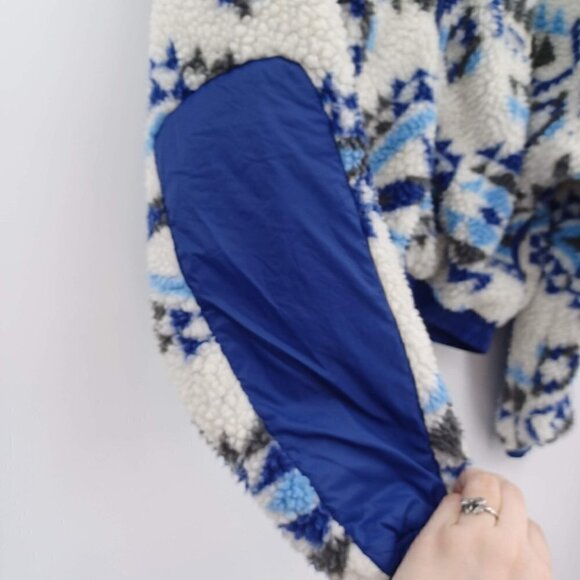 iets frans UO Blue + White Printed Cropped Fleece Jacket Women's S Fair Isle - Picture 7 of 12